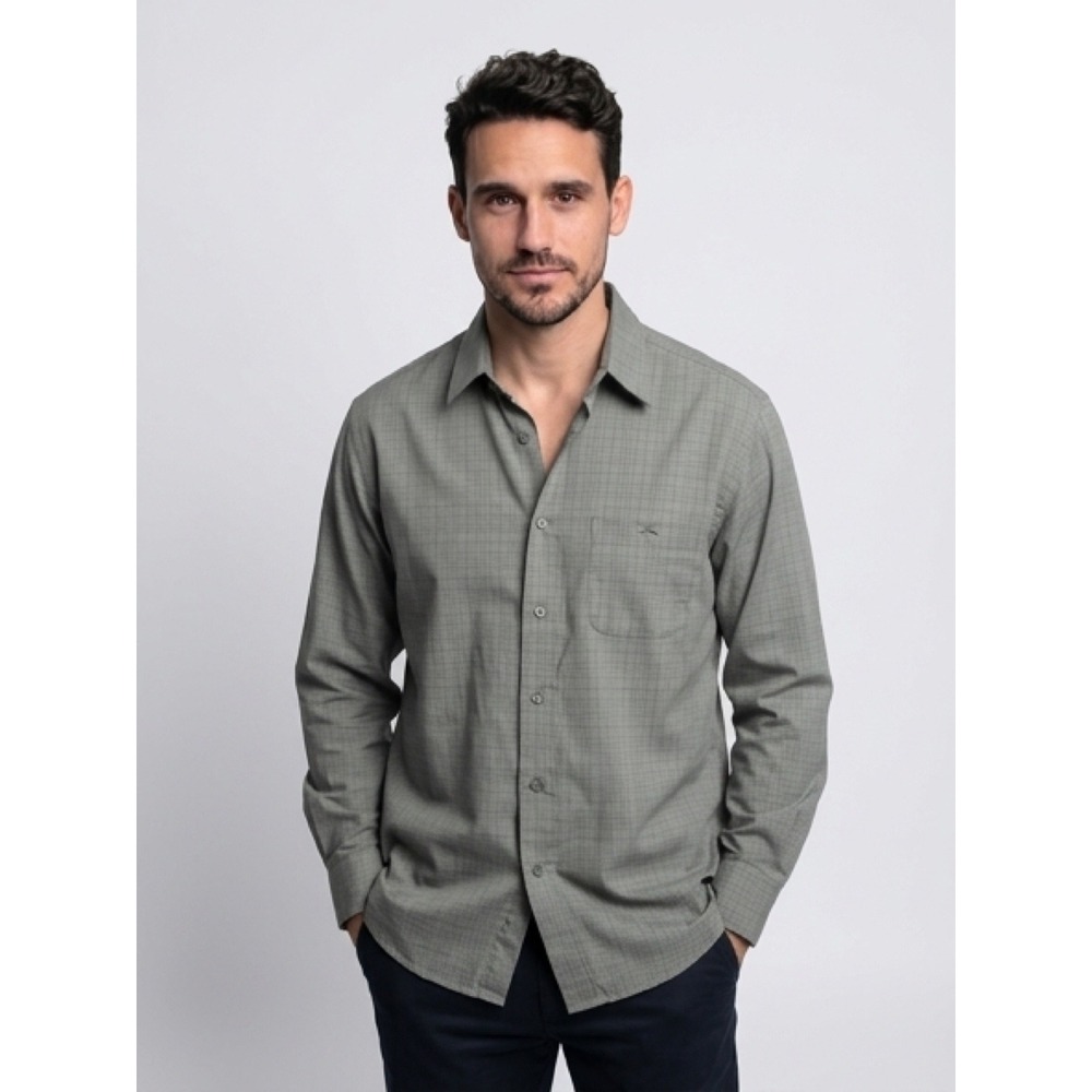 Haggar Button Down Shirt Men Large Olive Green Fair Grid Basketweave Long Sleeve
